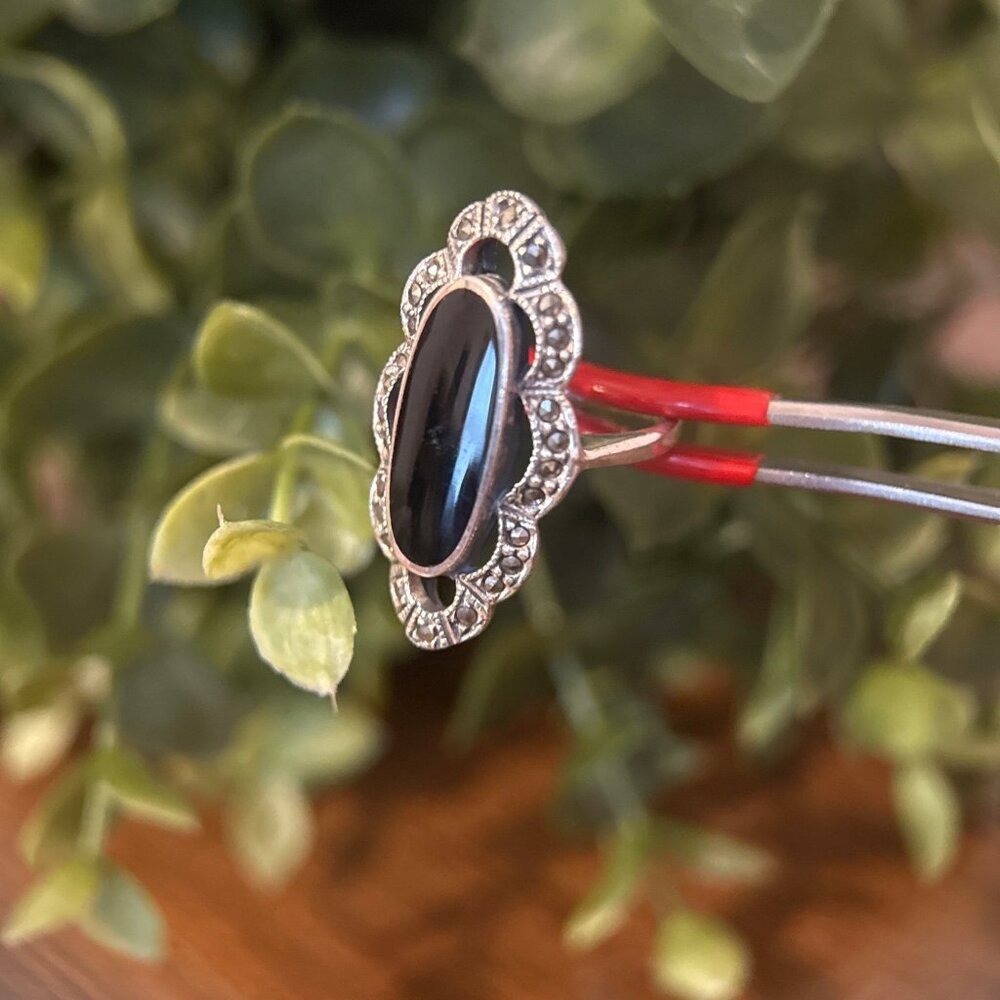 Elongated Onyx/Marcasite Silver 925 Ring View 3